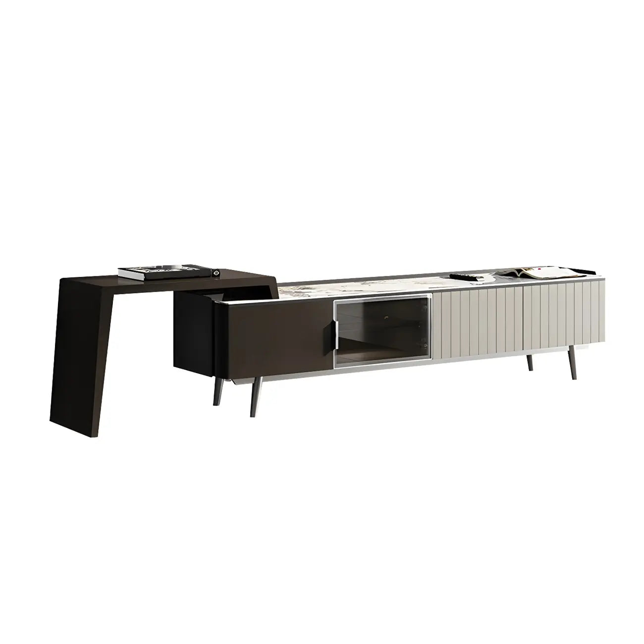 Meuble TV extensible latéral en pierre noire 71 avec tiroirs