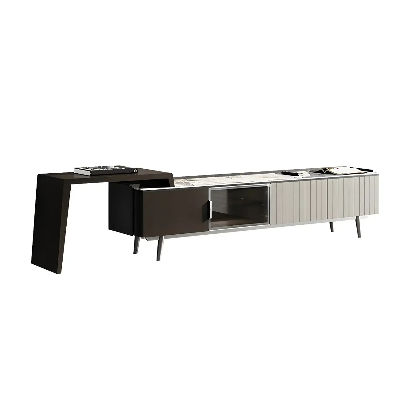 Meuble TV extensible latéral en pierre noire 71 avec tiroirs