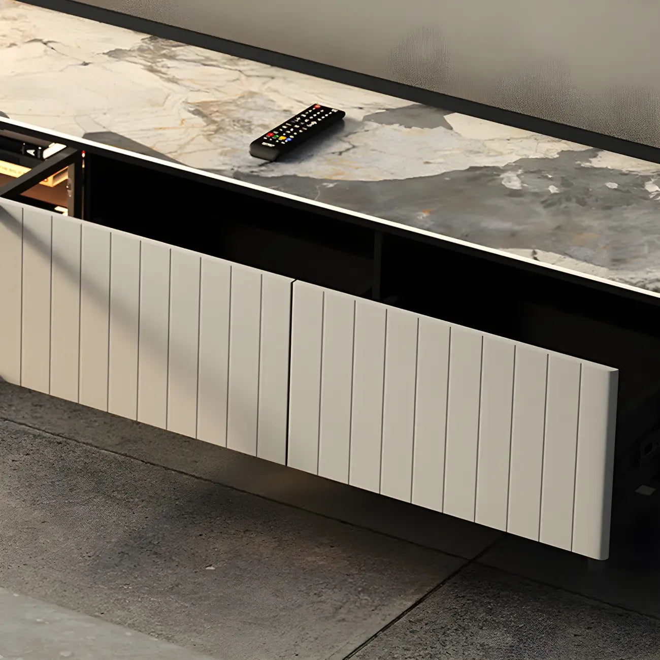 Meuble TV extensible latéral en pierre noire 71 avec tiroirs