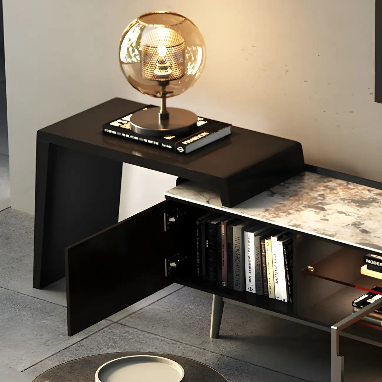 Meuble TV extensible latéral en pierre noire 71 avec tiroirs