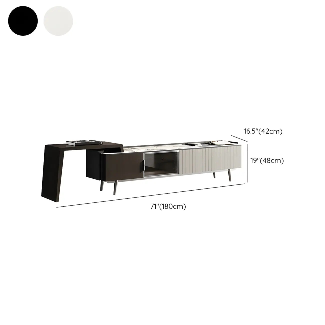 Meuble TV extensible latéral en pierre noire 71 avec tiroirs