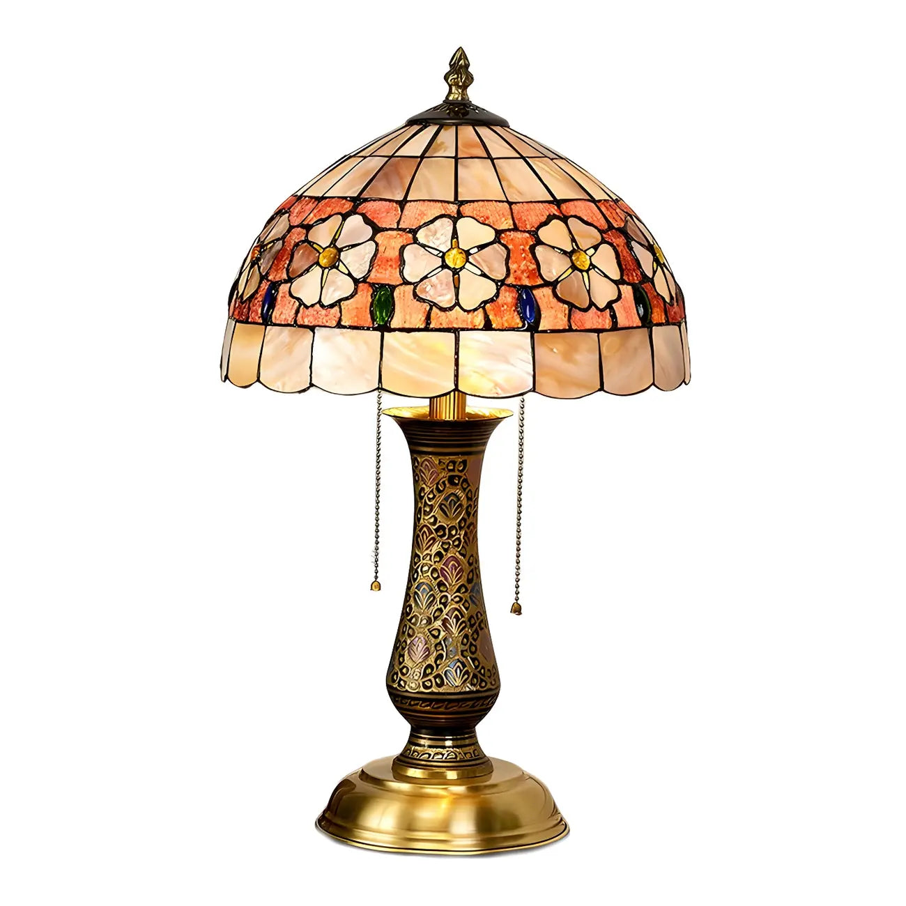 Lampe de table en laiton antique à deux lumières, en forme de dôme et verre coloré