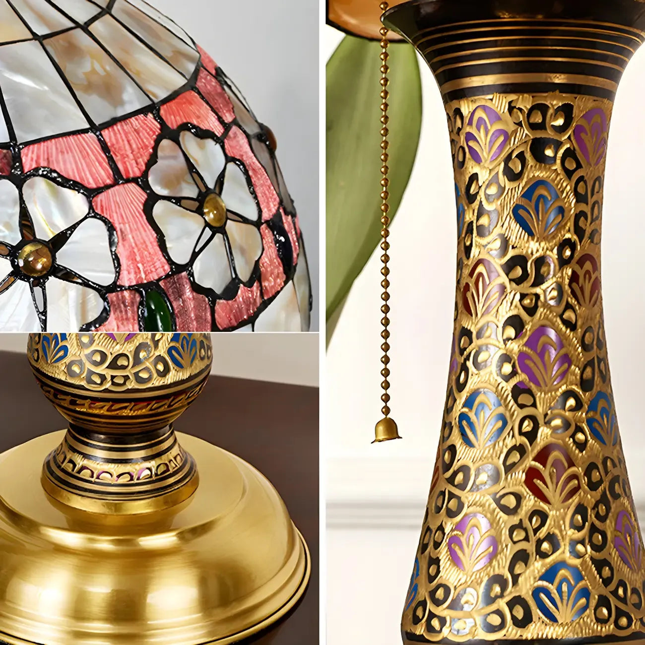 Lampe de table en laiton antique à deux lumières, en forme de dôme et verre coloré