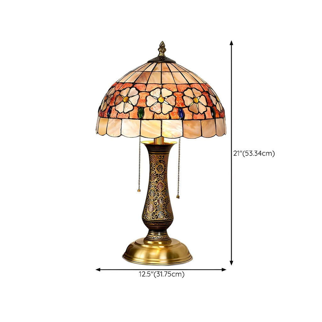 Lampe de table en laiton antique à deux lumières, en forme de dôme et verre coloré