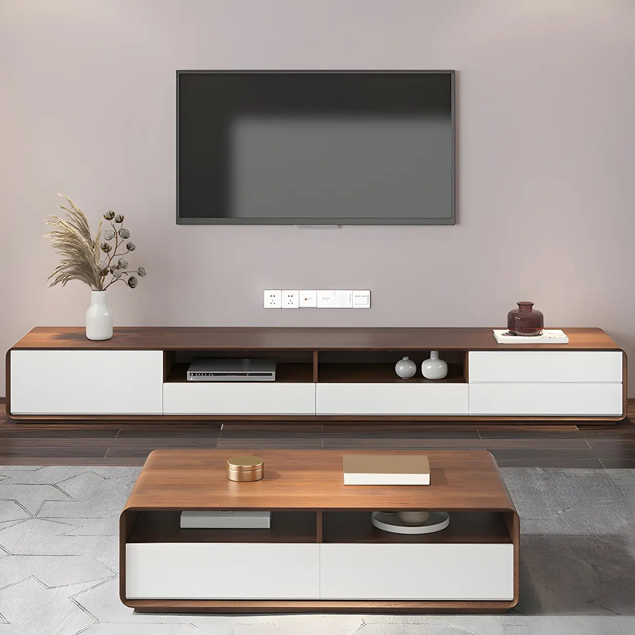 Meuble TV moderne en bois avec rangement ouvert pour salon