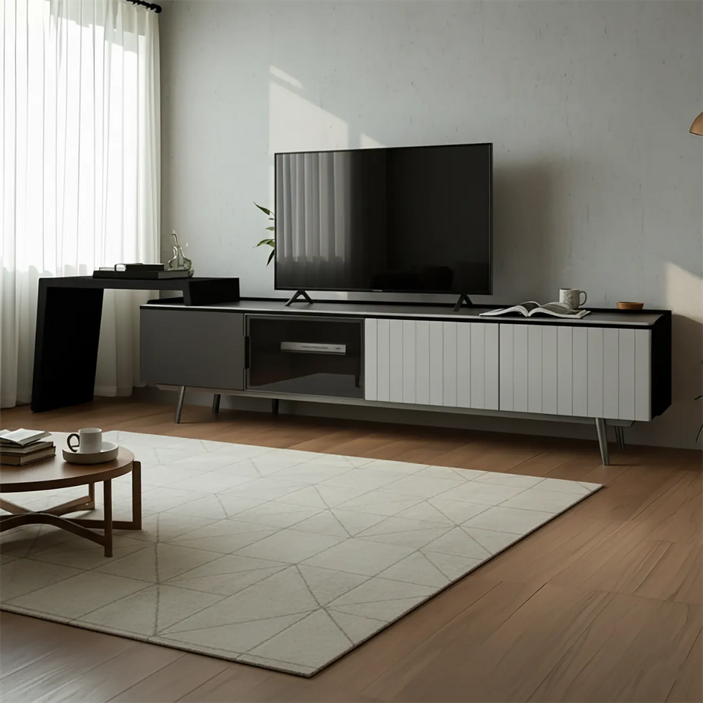 Meuble TV extensible latéral en pierre noire 71 avec tiroirs