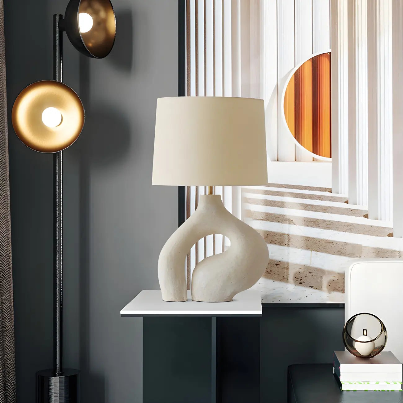 Lampe de table géométrique en résine blanche à intensité variable pour chambre à coucher