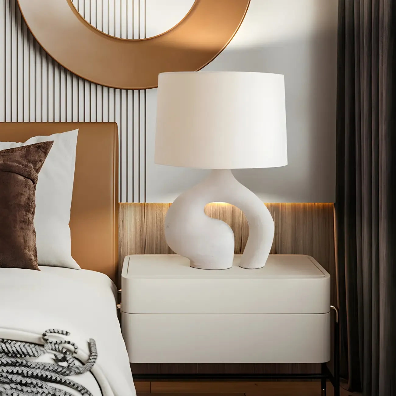 Lampe de table géométrique en résine blanche à intensité variable pour chambre à coucher