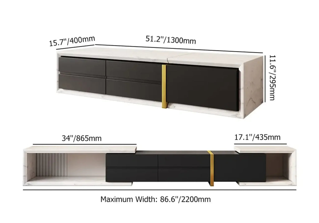 Meuble TV extensible moderne blanc et noir à 2 tiroirs en bois