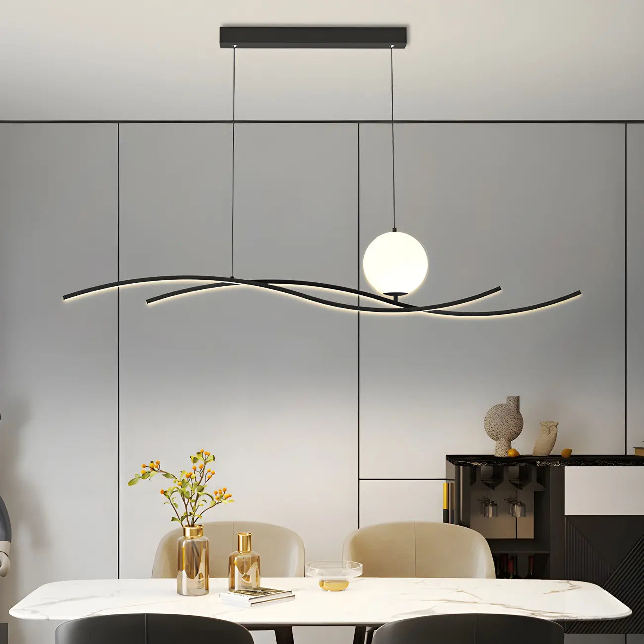 Suspension minimaliste noire et blanche linéaire réglable pour îlot de cuisine