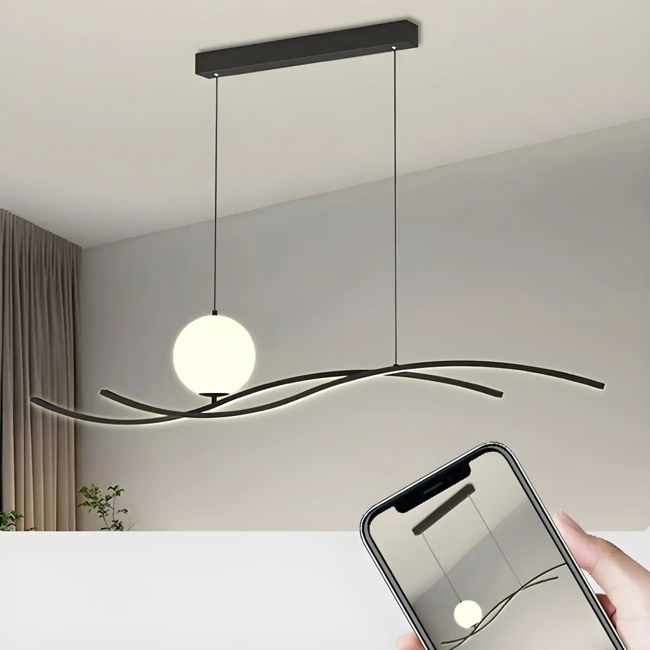 Suspension minimaliste noire et blanche linéaire réglable pour îlot de cuisine