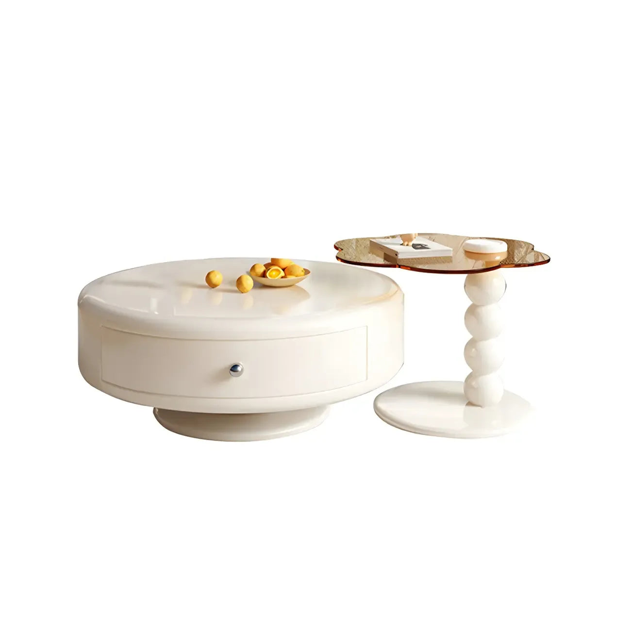 Table basse ronde moderne en bois blanc avec tiroir