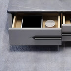 Meuble TV moderne gris moderne avec plateau en marbre, étagère ouverte et rangements