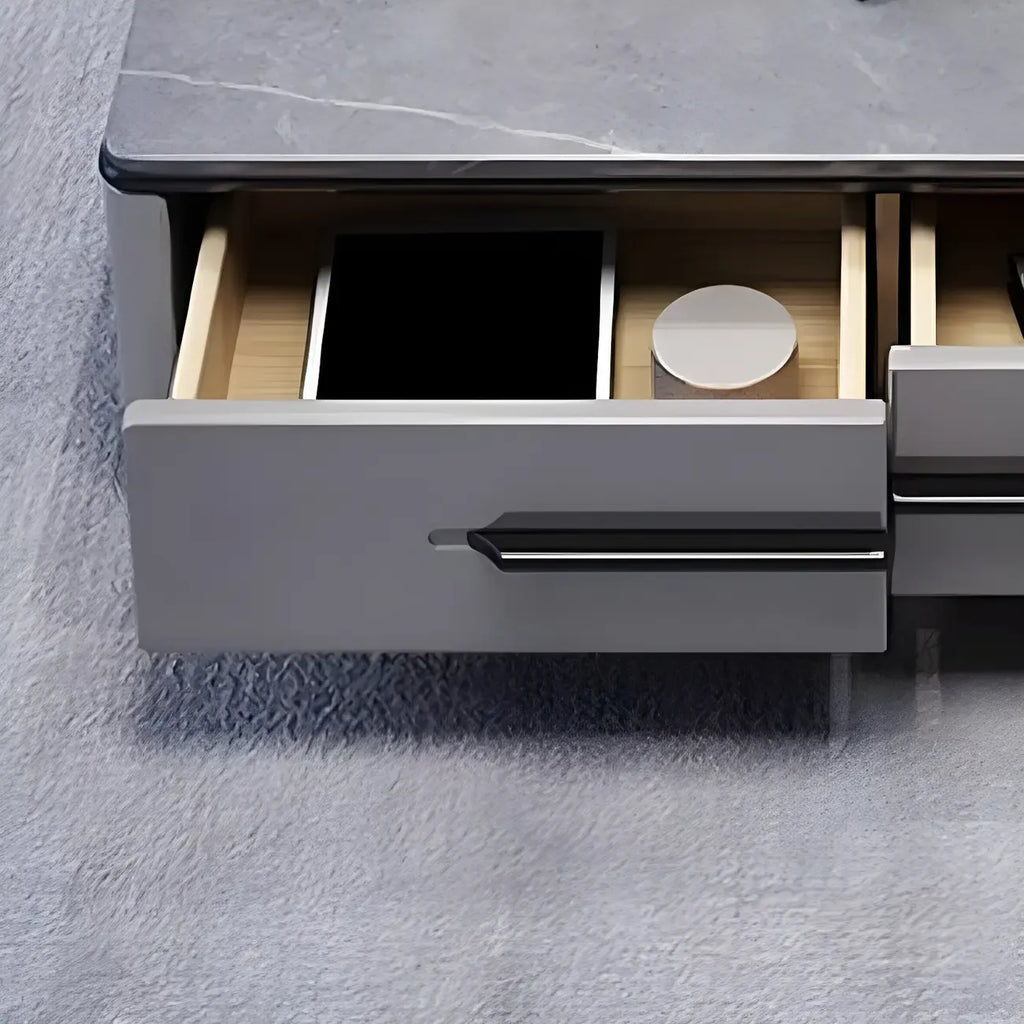 Meuble TV moderne gris moderne avec plateau en marbre, étagère ouverte et rangements