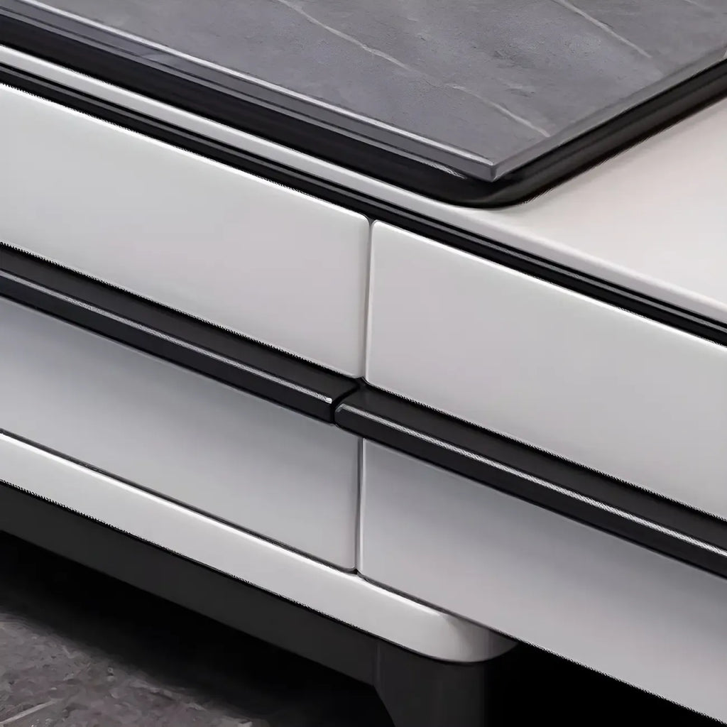 Meuble TV moderne gris moderne avec plateau en marbre, étagère ouverte et rangements