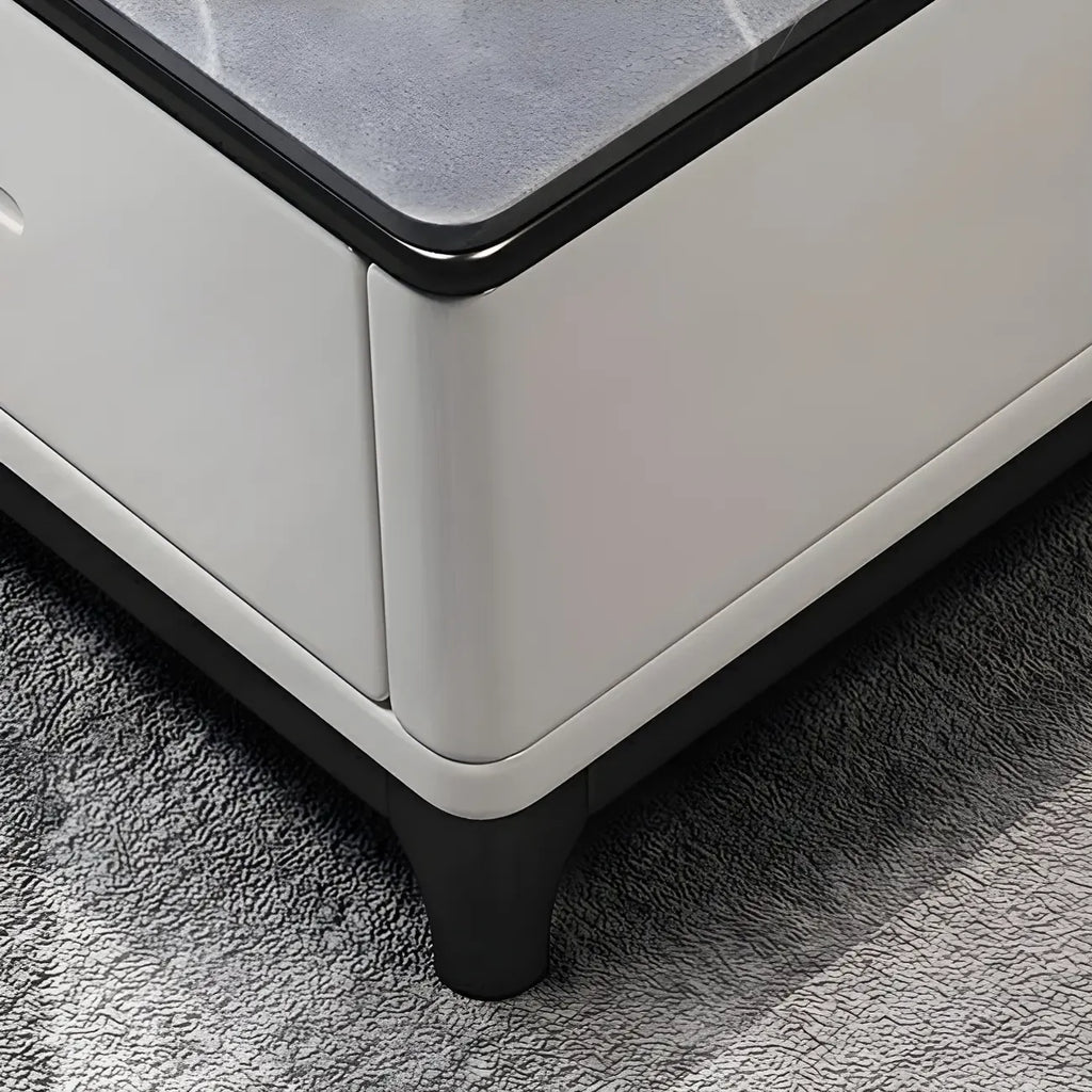 Meuble TV moderne gris moderne avec plateau en marbre, étagère ouverte et rangements