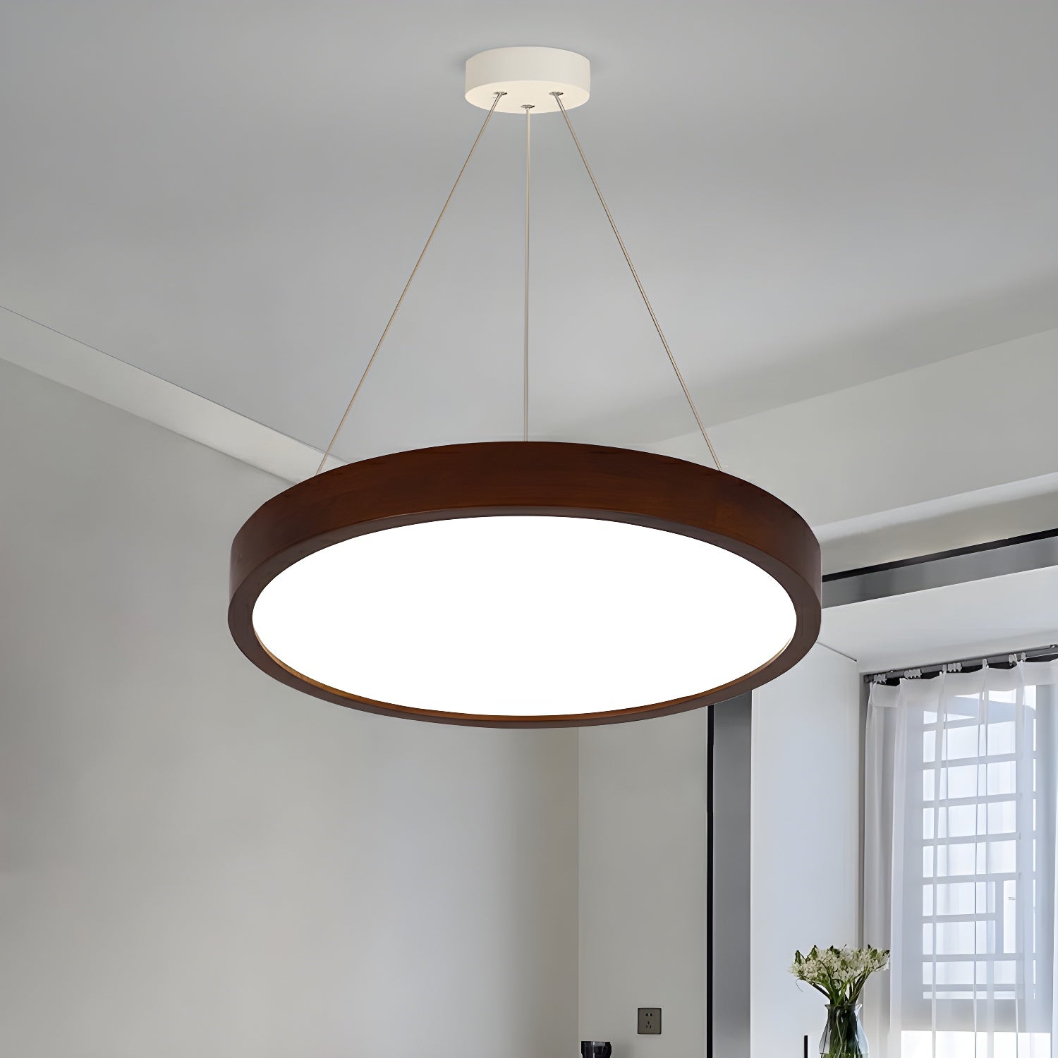 Lustre cylindrique en bois marron à LED moderne à intensité variable