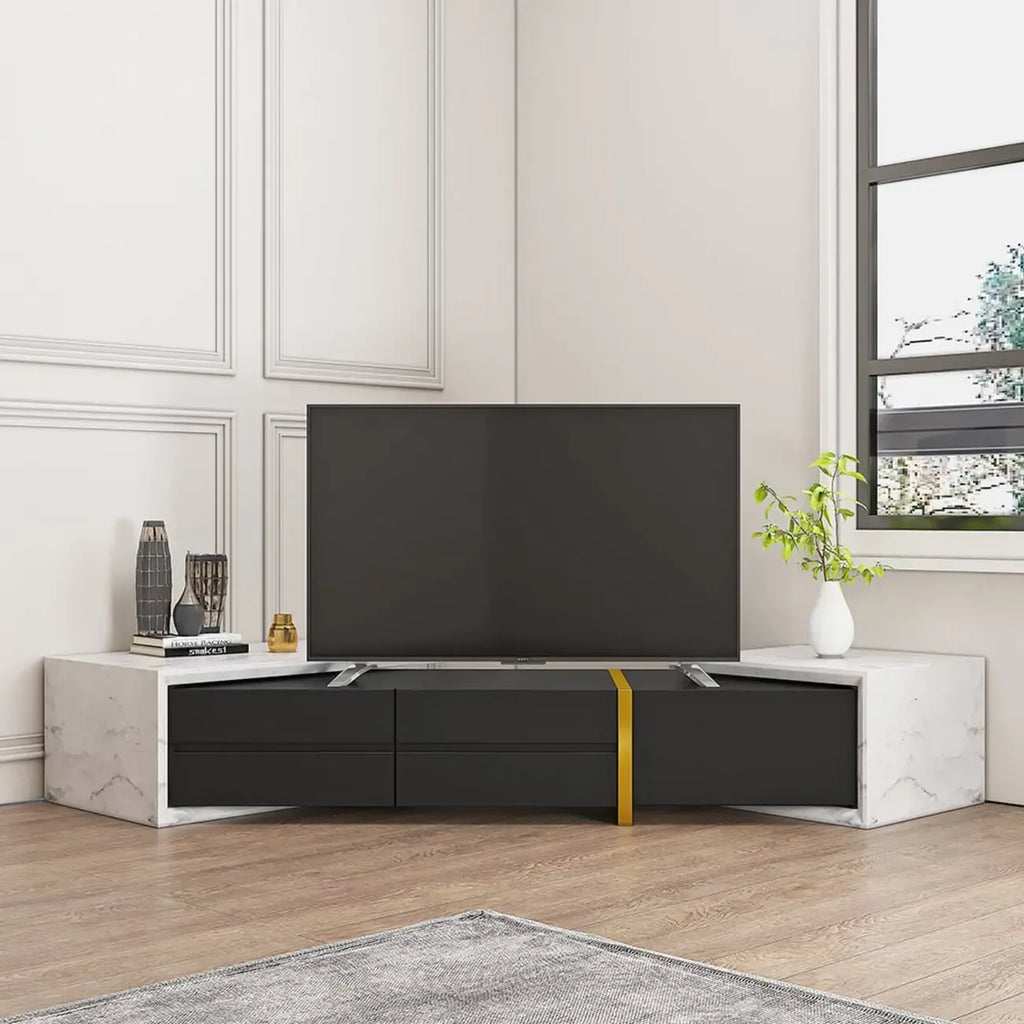 Meuble TV extensible moderne blanc et noir à 2 tiroirs en bois