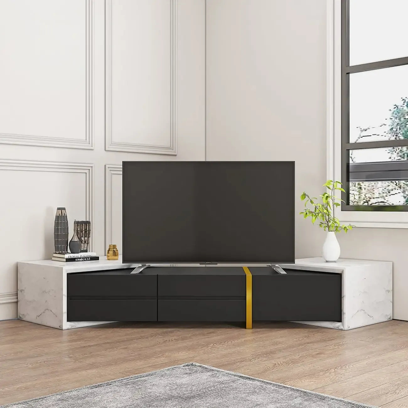 Meuble TV extensible moderne blanc et noir à 2 tiroirs en bois